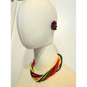 Vintage 1930s Multi Strand Necklace/Earring Set Japan Glass Beads Bright Costume